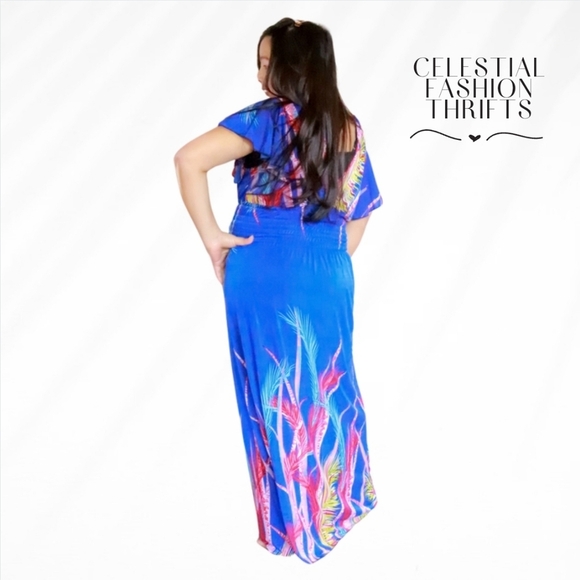 LONG BLUE FLORAL MAXI DRESS GOWN SIZE LARGE - Picture 1 of 3